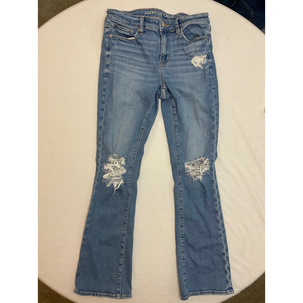 American Eagle Distressed Flare Jeans Womens 8 Regular Medium Wash Stretch Denim
